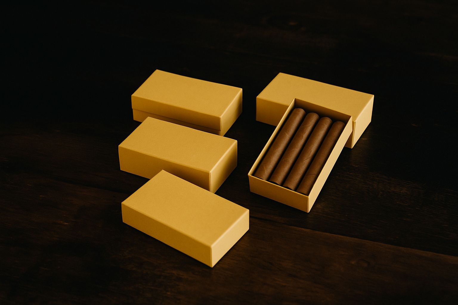 Zwei Zigarrenkisten in einem Karton, umgeben von Verpackungsmaterial.